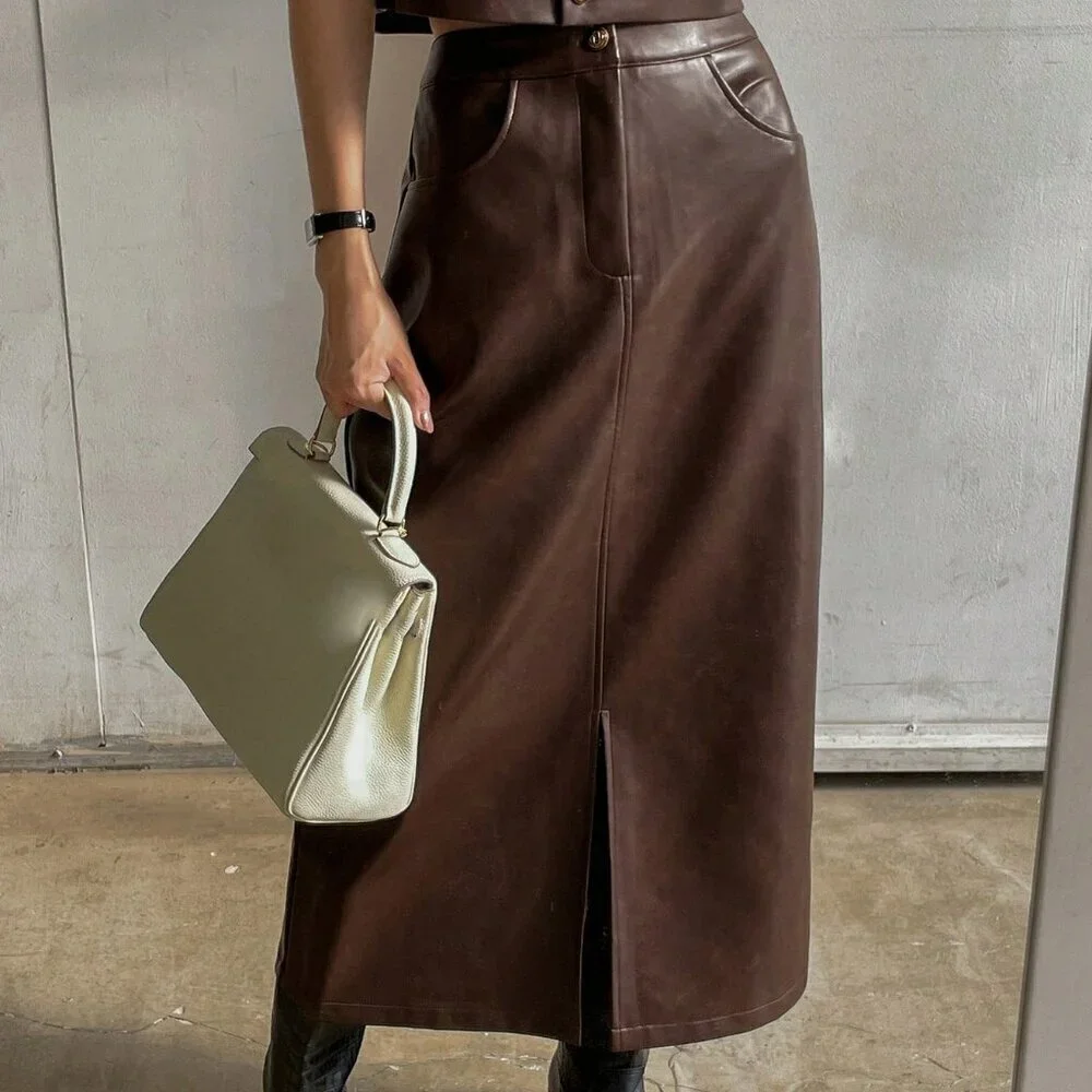 Brown Womens faux leather Sleeveless Jacket Vest & Split Hem Straigt skirt